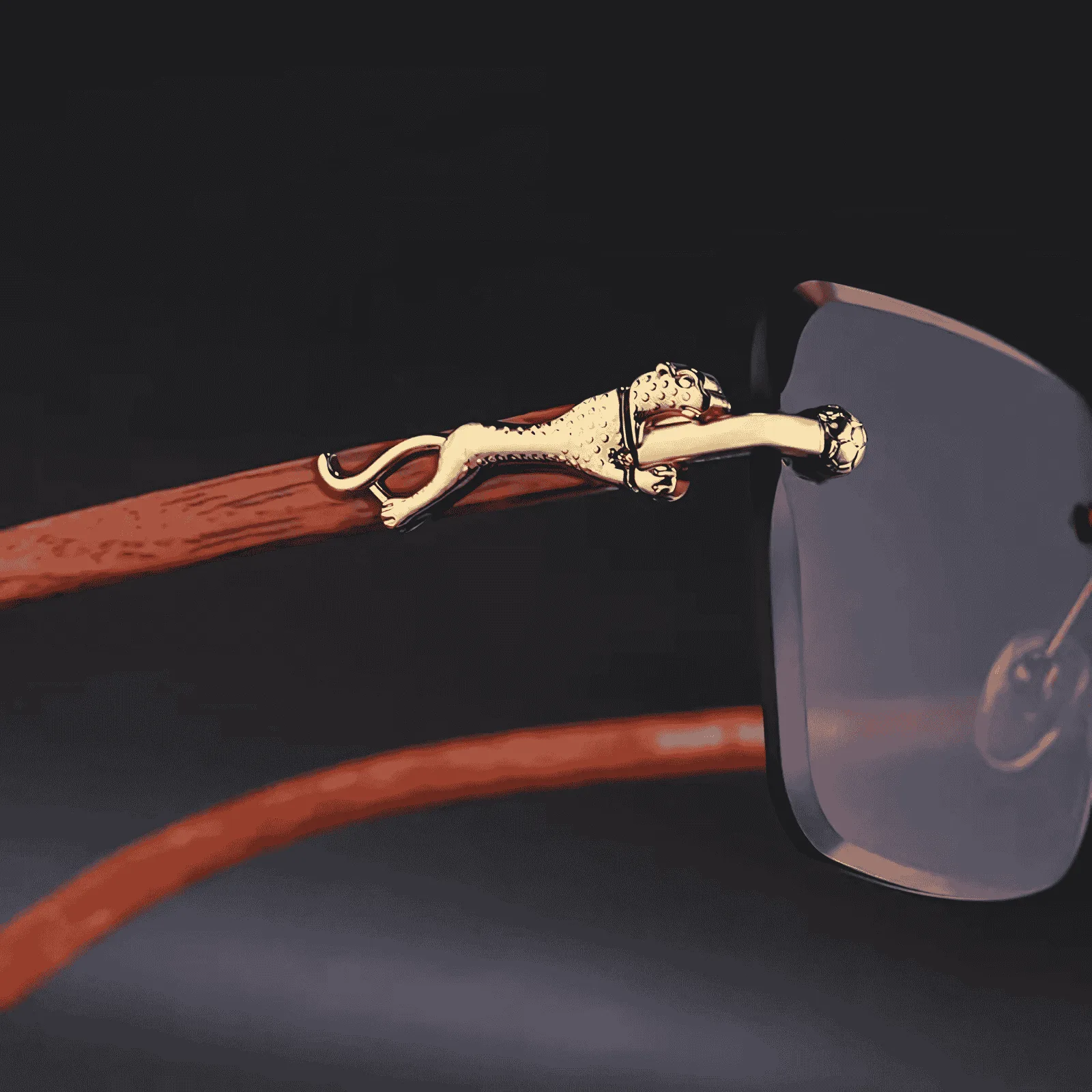 Luxury Rimless Sunglasses | Brown Gradient with Gold Panther & Wood Arms Paskhali Premium Panther Gold Edition Luxury Sunglasses  main image 2