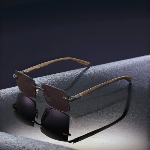 Wood-Texture Rimless Black Lens Sunglasses – By Paskhali