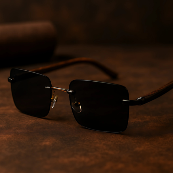 Wood-Texture Rimless Black Lens Sunglasses – By Paskhali