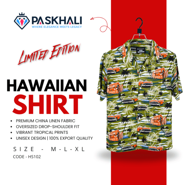 Paskhali Drop-Shoulder Hawaiian Green Car Print Shirt