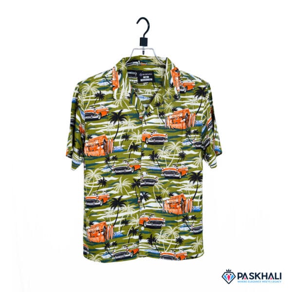 Paskhali Drop-Shoulder Hawaiian Green Car Print Shirt